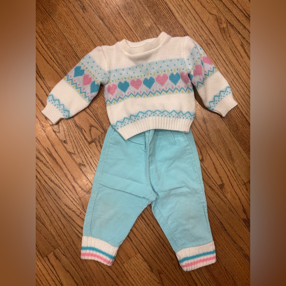 Vintage Willow Bay Knit Heart Sweater with Light Blue Corduroy Pants 24 Months